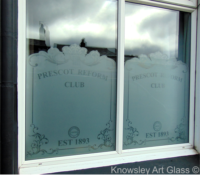 etched glass Window logo Club Pub