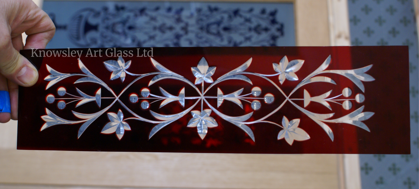 Red flashed glass panel with hand brilliant cut floral design, Victorian style etched glass reproduction