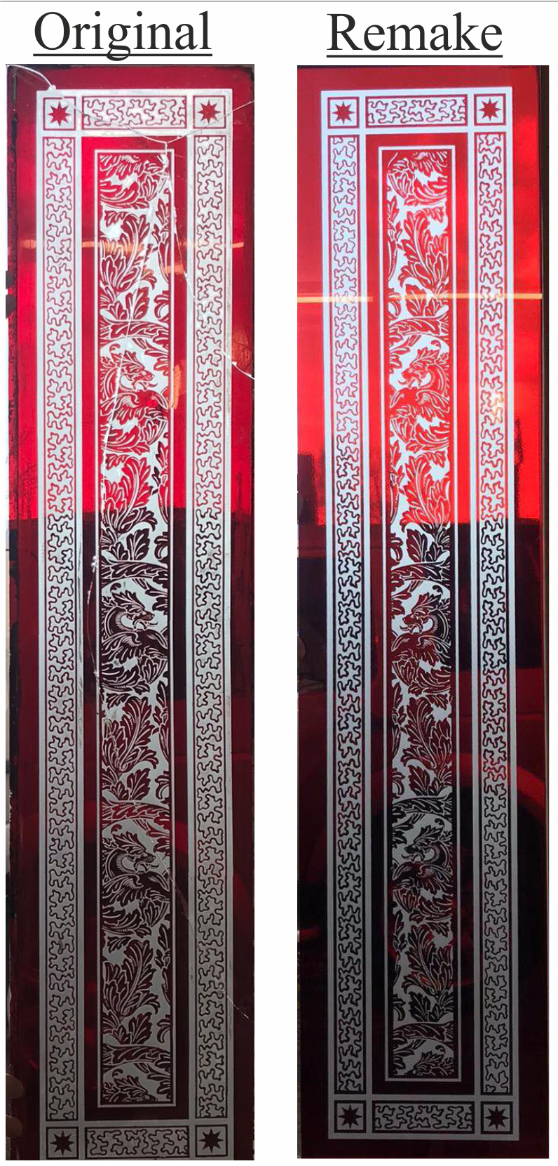 Original Victorian flashed glass border panel alongside fired enamel etched reproduction, large red decorative glass restoration.